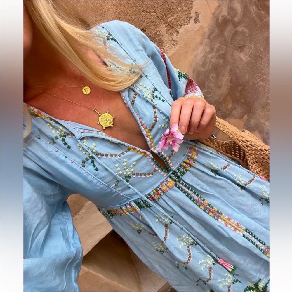 FARM Rio Pineapple Light Blue Embroidered Maxi Dress